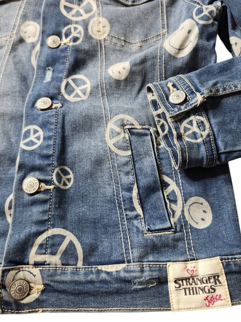 Girl’s Justice X Stranger Things Soft Denim Peace Sign Smiley Face Jacket Size M